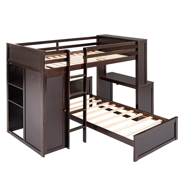 English Elm Twin Loft Bed with Standalone Sleeper Desk Wardrobe and Shelves for Kids Rooms Espresso LT000820AAP