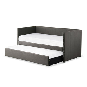 English Elm Gray Fabric Daybed with Pull-Out Trundle, Nailhead Trim & Wood Frame — Twin Sleep Space, Modern Upholstered Design B011S00248