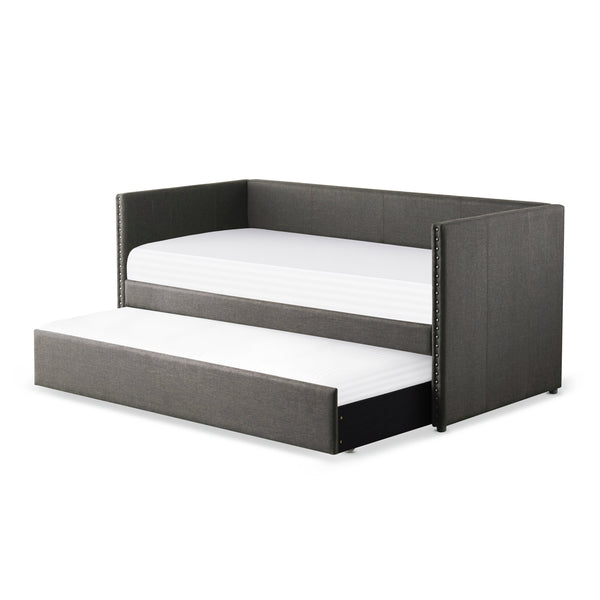 English Elm Gray Fabric Daybed with Pull-Out Trundle, Nailhead Trim & Wood Frame — Twin Sleep Space, Modern Upholstered Design B011S00248