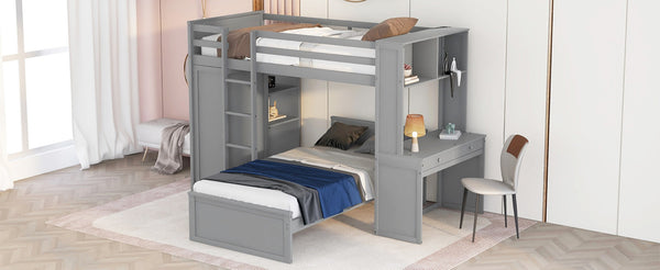English Elm Twin Loft Bed with Standalone Sleeper Desk Wardrobe and Shelves for Kids Rooms Gray LT000820AAE