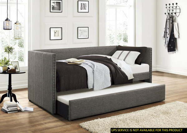 English Elm Gray Fabric Daybed with Pull-Out Trundle, Nailhead Trim & Wood Frame — Twin Sleep Space, Modern Upholstered Design B011S00248