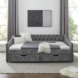 English Elm Full Size Upholstered Daybed With Storage Drawers, Tufted Sofa Bed & Copper Nail Accents In Grey W1413S00003