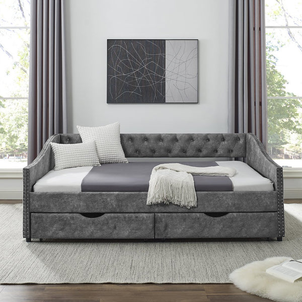 English Elm Full Size Upholstered Daybed With Storage Drawers, Tufted Sofa Bed & Copper Nail Accents In Grey W1413S00003