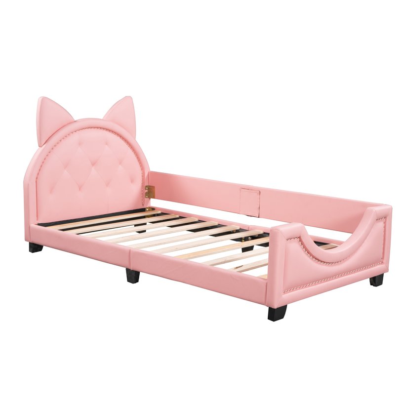 English Elm Twin Upholstered Daybed with Cute Carton-Ears Headboard, Pink PU Leather, Pine Frame, Modern Low Profile WF296296AAH