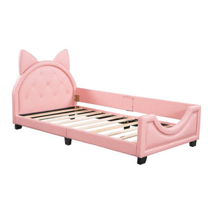English Elm Twin Upholstered Daybed with Cute Carton-Ears Headboard, Pink PU Leather, Pine Frame, Modern Low Profile WF296296AAH