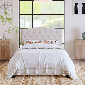 English Elm Upholstered Diamond-Tufted Platform Bed with Two-Position Adjustable Headboard and Sturdy Support Beige 59.25 L x 26.93 W x 5.24 H N701P342940B