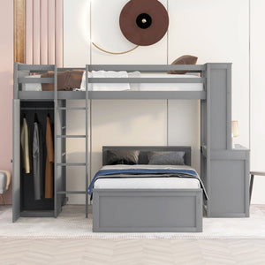 English Elm Twin Loft Bed with Standalone Sleeper Desk Wardrobe and Shelves for Kids Rooms Gray LT000820AAE