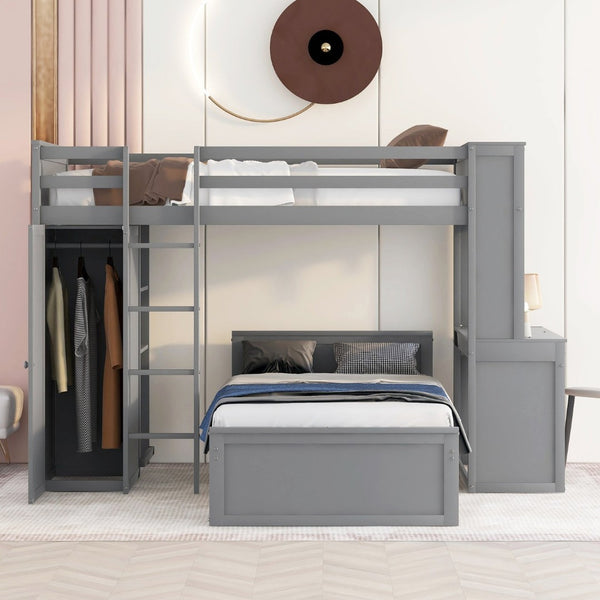 English Elm Twin Loft Bed with Standalone Sleeper Desk Wardrobe and Shelves for Kids Rooms Gray LT000820AAE