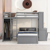 Hearth and Haven Twin Loft Bed with Stand Alone Bed, Shelves, Desk and Wardrobe, Grey