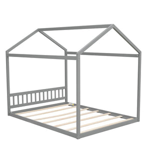 English Elm Queen House Bed with Headboard Cottage-Style Pine & MDF Frame, Low Safe Design for Kids, 500lb Capacity Gray WF296086AAE