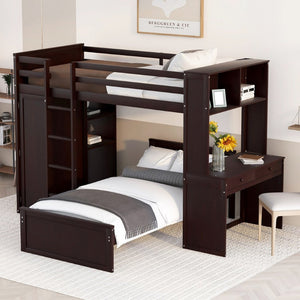 English Elm Twin Loft Bed with Standalone Sleeper Desk Wardrobe and Shelves for Kids Rooms Espresso LT000820AAP