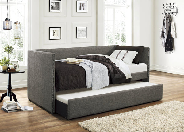 English Elm Gray Fabric Daybed with Pull-Out Trundle, Nailhead Trim & Wood Frame — Twin Sleep Space, Modern Upholstered Design B011S00248