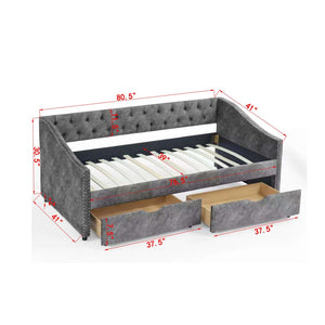 English Elm Twin Size Daybed With Storage Drawers, Upholstered Tufted Sofa Bed, Elegant Copper Nailhead Trim W1413S00029-GIGA