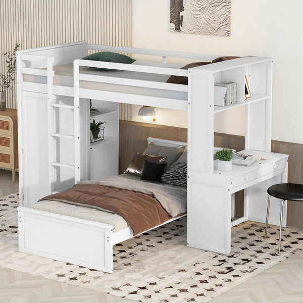 English Elm Twin Loft Bed with Standalone Sleeper Desk Wardrobe and Shelves for Kids Rooms LT000820AAK