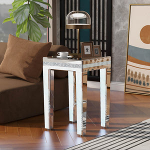 English Elm Fashionable Modern Glass Mirrored Side Table, Easy Assembly End Table With Crystal Design and Adjustable Height Legs, Silver