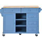 English Elm Kitchen Cart With Rubber Wood Desktop Rolling Mobile Kitchen Island With Storage and 5 Draws 53 Inch Length (Blue)