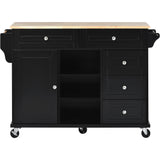 English Elm Kitchen Cart With Rubber Wood Desktop Rolling Mobile Kitchen Island With Storage and 5 Draws 53 Inch Length (Black)