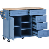 English Elm Kitchen Cart With Rubber Wood Desktop Rolling Mobile Kitchen Island With Storage and 5 Draws 53 Inch Length (Blue)