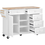 English Elm Kitchen Cart With Rubber Wood Desktop Rolling Mobile Kitchen Island With Storage and 5 Draws 53 Inch Length(White)