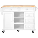 English Elm Kitchen Cart With Rubber Wood Desktop Rolling Mobile Kitchen Island With Storage and 5 Draws 53 Inch Length(White)