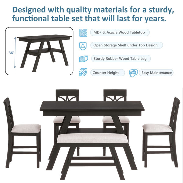 English Elm Topmax Rustic 6-Piece Counter Height Dining Set With Storage Shelf, Bench & 4 Chairs, Espresso Finish N717S000257P-GIGA
