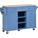 English Elm Kitchen Cart With Rubber Wood Desktop Rolling Mobile Kitchen Island With Storage and 5 Draws 53 Inch Length (Blue)