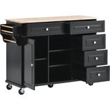 English Elm Kitchen Cart With Rubber Wood Desktop Rolling Mobile Kitchen Island With Storage and 5 Draws 53 Inch Length (Black)