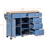 English Elm Kitchen Cart With Rubber Wood Desktop Rolling Mobile Kitchen Island With Storage and 5 Draws 53 Inch Length (Blue)