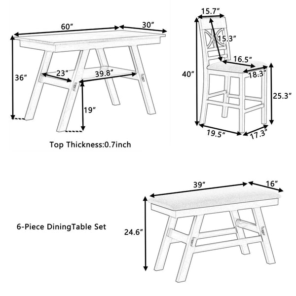 English Elm Topmax Rustic 6-Piece Counter Height Dining Set With Storage Shelf, Bench & 4 Chairs, Espresso Finish N717S000257P-GIGA