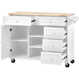 English Elm Kitchen Cart With Rubber Wood Desktop Rolling Mobile Kitchen Island With Storage and 5 Draws 53 Inch Length(White)