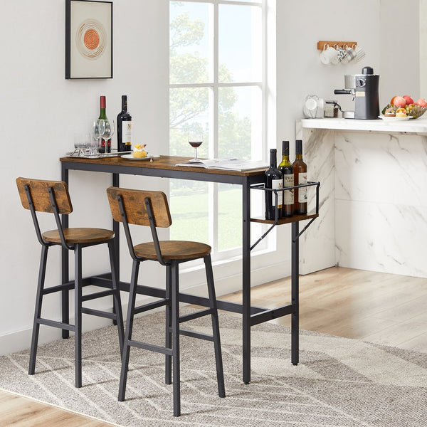 English Elm Bar Rustic Brown Bar Table Set with 3 Foldable Wine Bottle Rack, 2 Stools, Backrest, Space-Saving Design W116294391