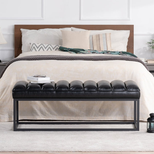 English Elm Metal Base Quilted Upholstered Bench with Foam Cushion for Bedroom or Entryway W68049925