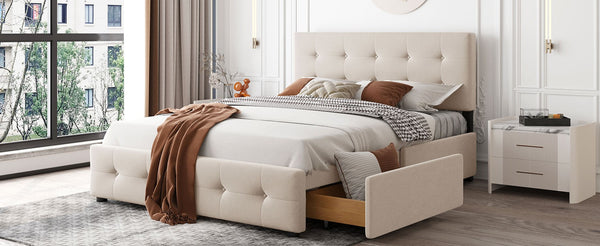 English Elm Upholstered Queen Storage Bed Tufted Linen Headboard Four Drawers No Box Spring LP100114AAA