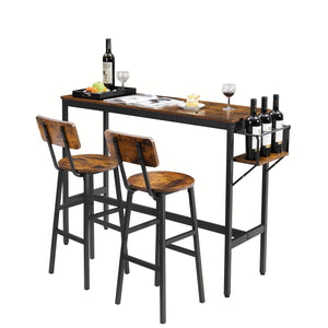 English Elm Bar Rustic Brown Bar Table Set with 3 Foldable Wine Bottle Rack, 2 Stools, Backrest, Space-Saving Design W116294391