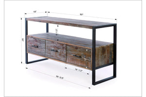 English Elm 60 Inch Reclaimed Wood Media Console with Three Drawers Open Shelf Antique Finish W142562412