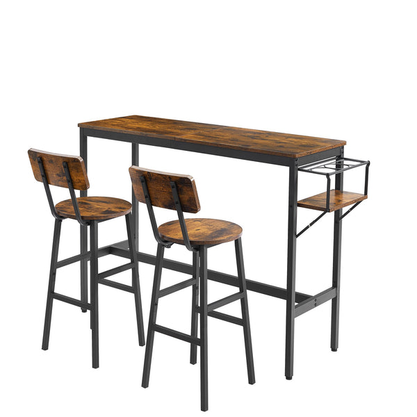 English Elm Bar Rustic Brown Bar Table Set with 3 Foldable Wine Bottle Rack, 2 Stools, Backrest, Space-Saving Design W116294391