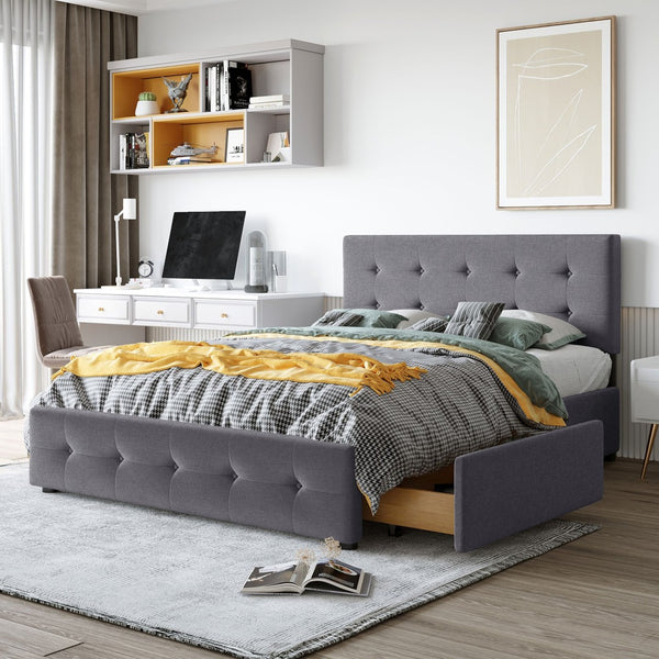 English Elm Upholstered Queen Storage Bed Tufted Linen Headboard Four Drawers No Box Spring LP100114AAE