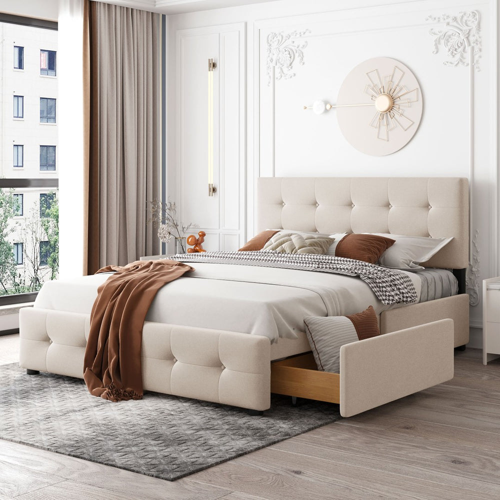 English Elm Upholstered Queen Storage Bed Tufted Linen Headboard Four Drawers No Box Spring LP100114AAA