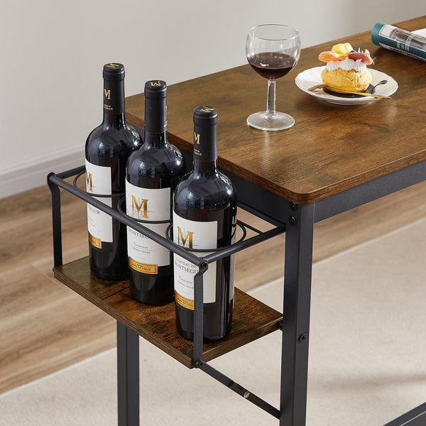 English Elm Bar Rustic Brown Bar Table Set with 3 Foldable Wine Bottle Rack, 2 Stools, Backrest, Space-Saving Design W116294391