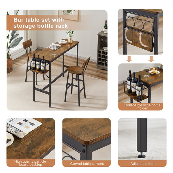 English Elm Bar Rustic Brown Bar Table Set with 3 Foldable Wine Bottle Rack, 2 Stools, Backrest, Space-Saving Design W116294391