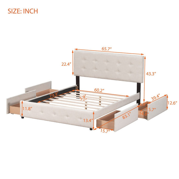 English Elm Upholstered Queen Storage Bed Tufted Linen Headboard Four Drawers No Box Spring LP100114AAA