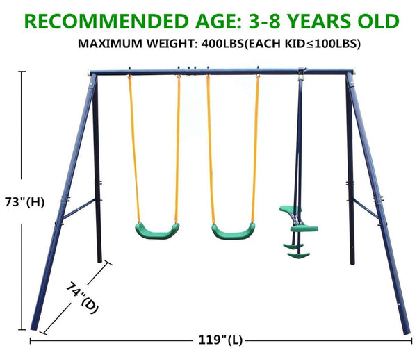 English Elm 2 in 1 Steel A-frame Backyard Swing Set with Belt and Glider for Kids Ages 3 to 8 W1408P299375