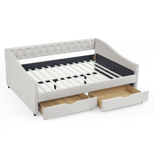 English Elm Full Size Daybed With Drawers - Elegant Tufted Sofa Bed, Copper Nail Trim, Beige, Perfect For Any Room W1413S00004