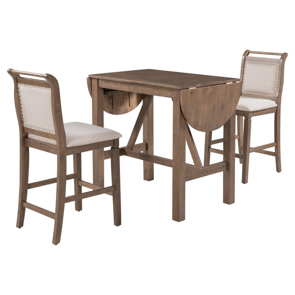 English Elm TOPMAX 3-Piece Wood Counter Height Drop Leaf Dining Set with Upholstered Chairs and Space-Saving Design Brown SP000259AAD