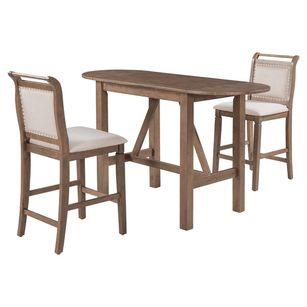 English Elm TOPMAX 3-Piece Wood Counter Height Drop Leaf Dining Set with Upholstered Chairs and Space-Saving Design Brown SP000259AAD
