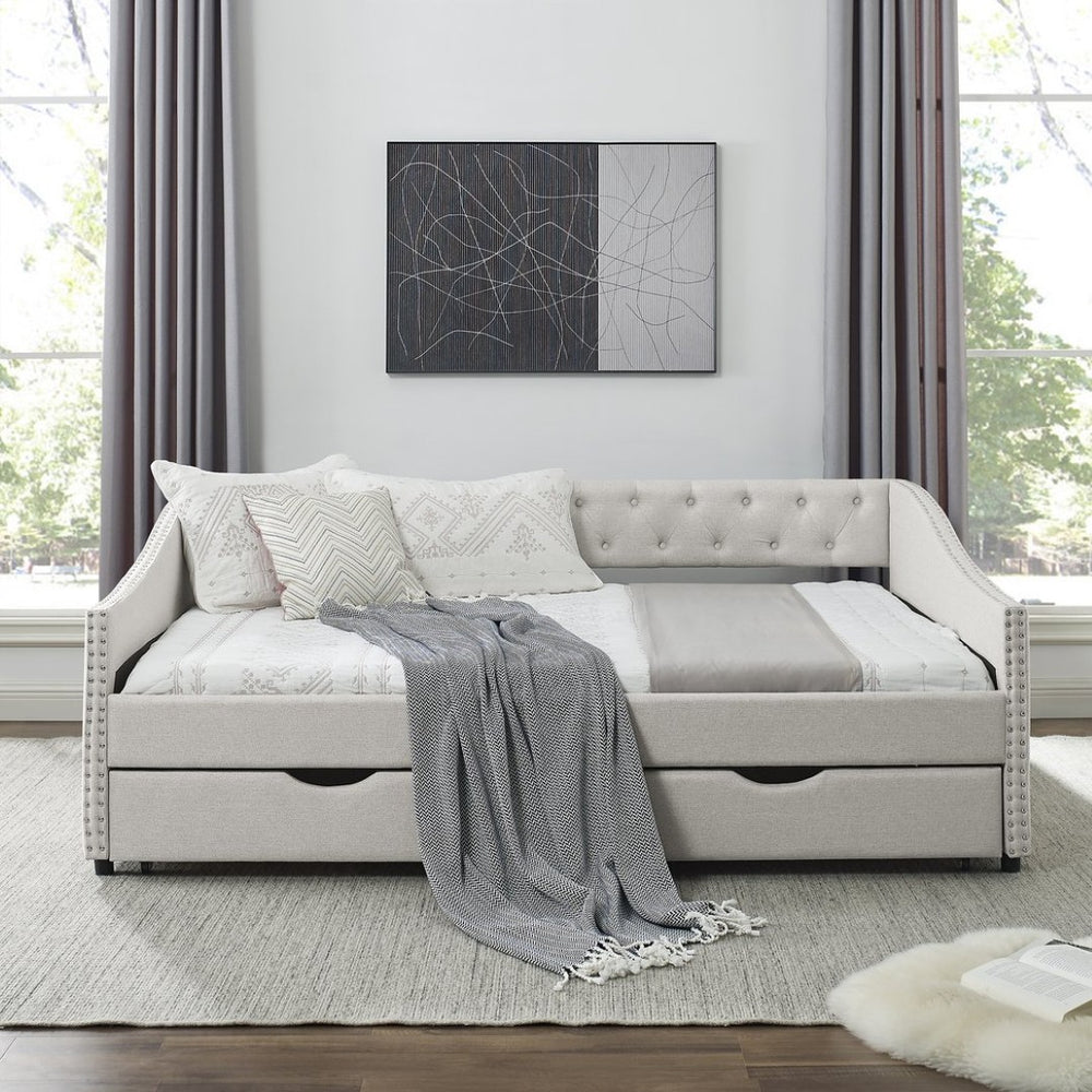 English Elm Full Upholstered Tufted Daybed with Storage Drawers Mid-century Sofa Sleeper Beige W1413S00189
