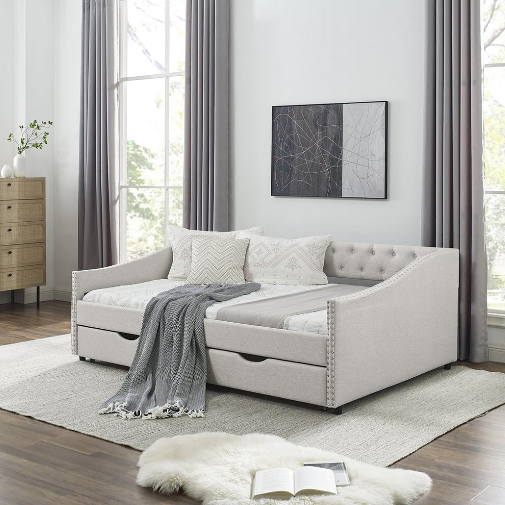 English Elm Full Upholstered Tufted Daybed with Storage Drawers Mid-century Sofa Sleeper Beige W1413S00189