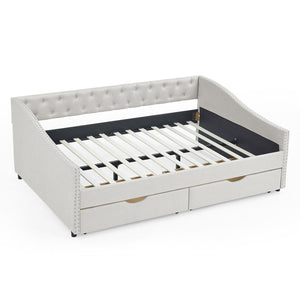 English Elm Full Size Daybed With Drawers - Elegant Tufted Sofa Bed, Copper Nail Trim, Beige, Perfect For Any Room W1413S00004