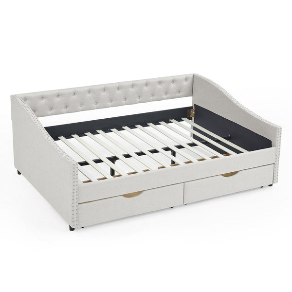 English Elm Full Size Daybed With Drawers - Elegant Tufted Sofa Bed, Copper Nail Trim, Beige, Perfect For Any Room W1413S00004