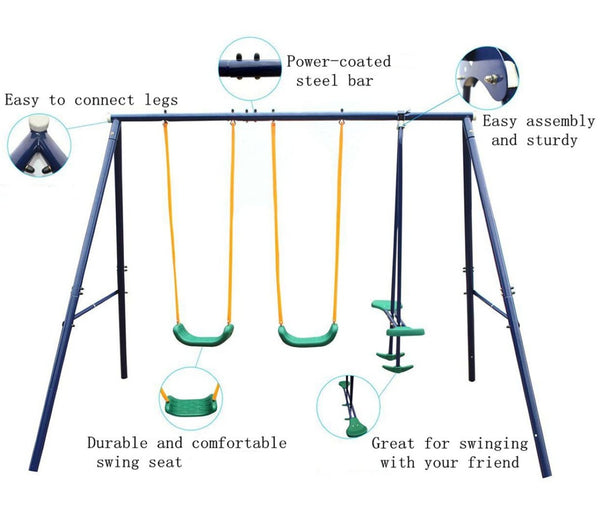 English Elm 2 in 1 Steel A-frame Backyard Swing Set with Belt and Glider for Kids Ages 3 to 8 W1408P299375